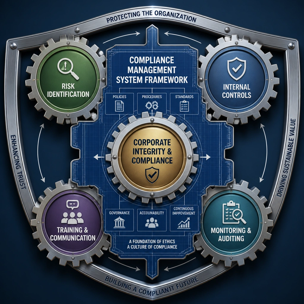 A central blueprint labeled "Compliance Management System Framework." Surrounding this blueprint are interlocking gears representing "Risk Identification," "Internal Controls," "Training & Communication," and "Monitoring & Auditing." The entire system is shown protecting an inner core labeled "Corporate Integrity & Compliance."