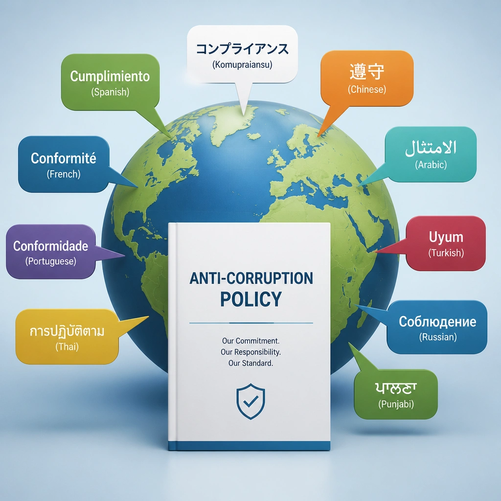 A globe with multiple speech bubbles pointing to it. Each bubble says "Compliance" in a different language (e.g., Spanish, Japanese, French, Arabic), pointing to a central, clean booklet titled "Anti-Corruption Policy," showing that global policies must be localized and clear to all.