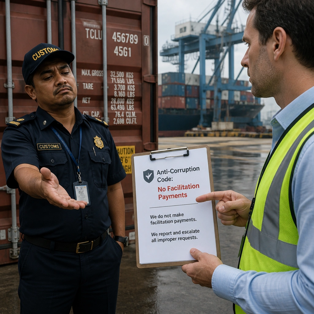 A shipping dock where a customs agent is holding a hand out for money next to a container. The employee points to a badge on their clipboard that says "Anti-Corruption Code: No Facilitation Payments," representing a firm refusal to pay and a commitment to report the interaction.