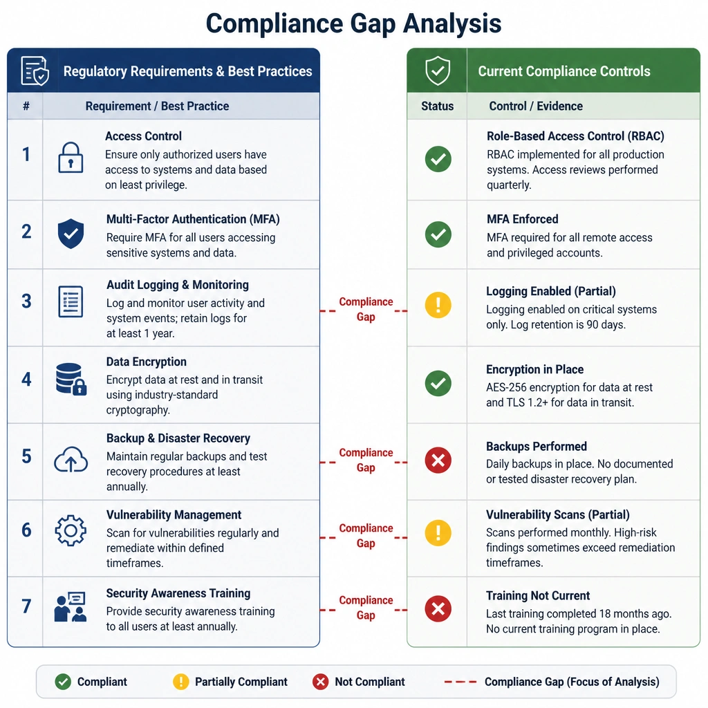 A checklist comparison chart where the left column represents "Regulatory Requirements & Best Practices" and the right column represents "Current Compliance Controls." Red dashed lines connect the rows where there is a missing control or mismatch, labeled "Compliance Gap," showing the focus of the analysis.
