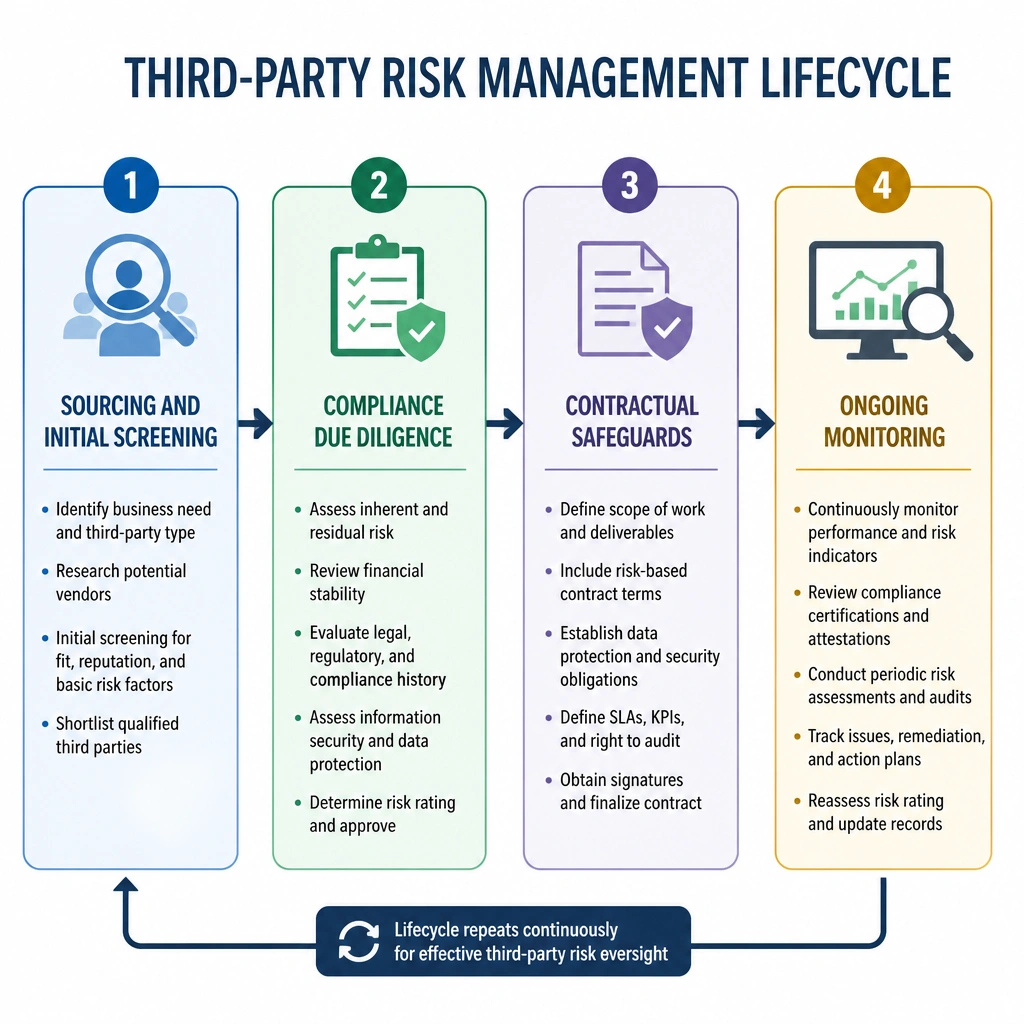 A flowchart depicting the third-party risk management lifecycle: Sourcing and Initial Screening, Compliance Due Diligence, Contractual Safeguards, and Ongoing Monitoring.