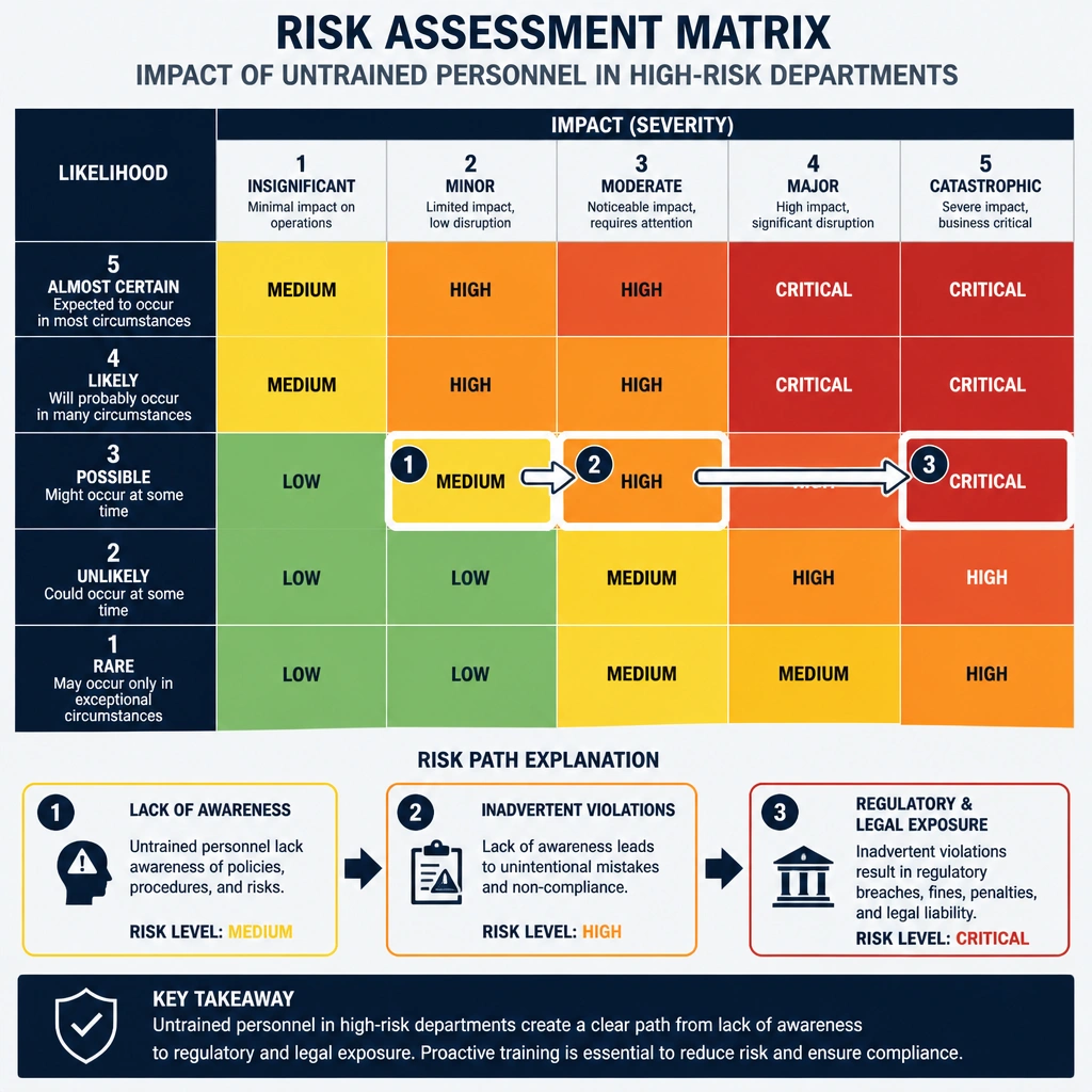 A risk assessment matrix showing the impact of untrained personnel in high-risk departments, highlighting how 'lack of awareness' leads to 'inadvertent violations' which results in 'regulatory and legal exposure'.