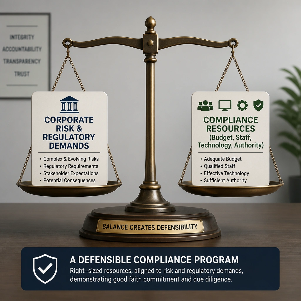 A balance scale with 'Corporate Risk & Regulatory Demands' on one side and 'Compliance Resources (Budget, Staff, Technology, Authority)' on the other, showing them in balance to represent a defensible compliance program.