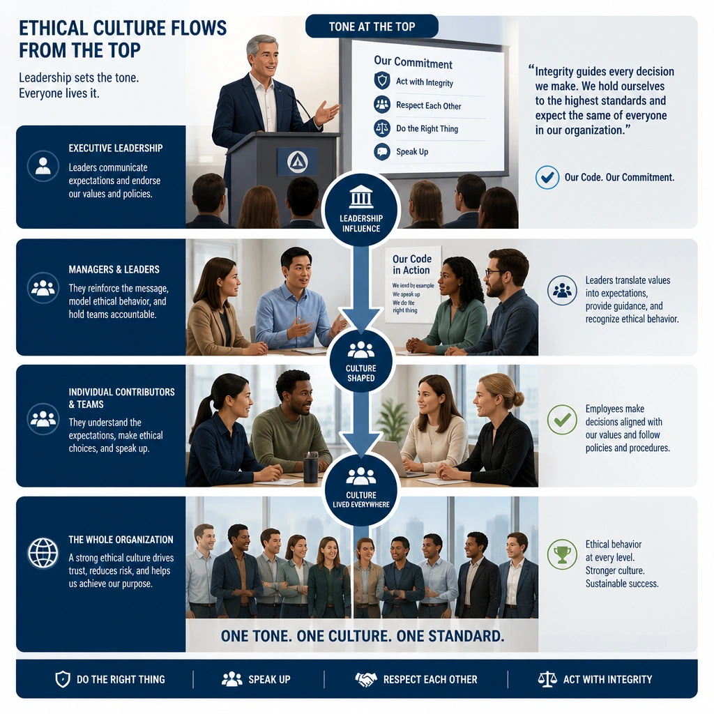 This image should illustrate the flow of ethical culture from executive leadership down to the rest of the organization. It should highlight executive communication (like a town hall speech or policy endorsement) and label it as "Tone at the top," showing how this influence shapes organizational culture and compliance behavior at all levels.