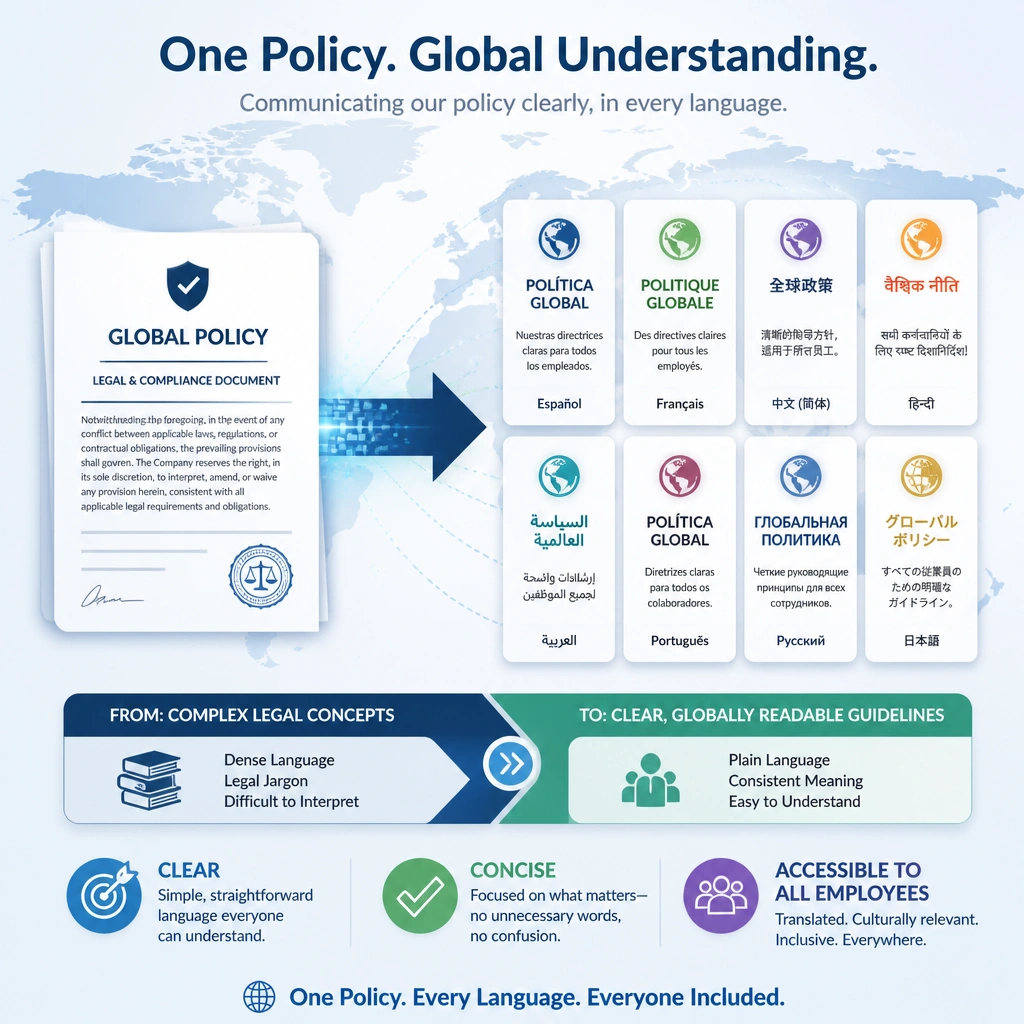 This image should illustrate global communication of a policy. It should feature a policy document translating into multiple world languages, accompanied by keywords like "Clear," "Concise," and "Accessible to All Employees," highlighting the transition from complex legal concepts to globally readable guidelines.