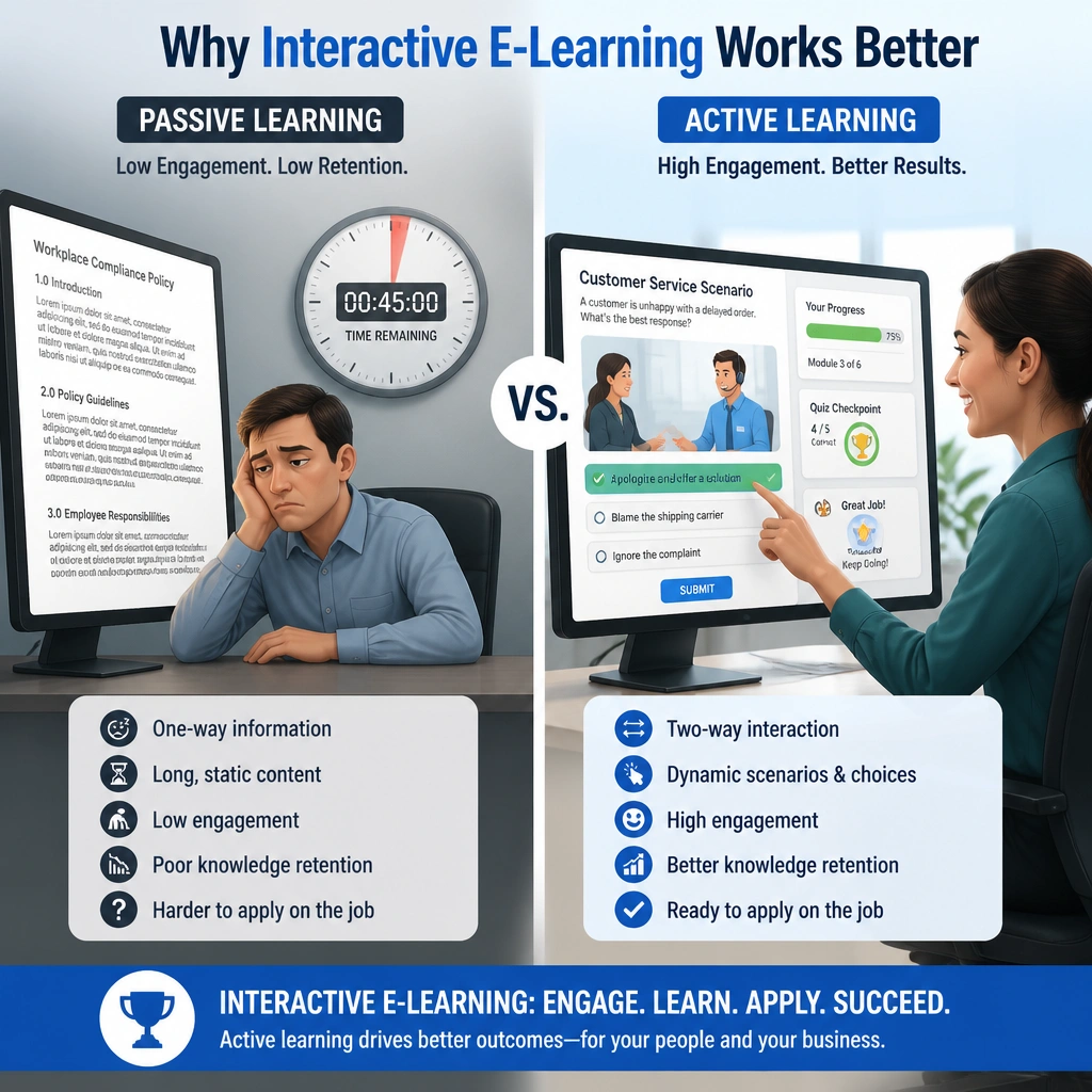 This image should compare passive learning vs. active learning. On one side, show a bored employee looking at a giant text document or timer. On the other side, show an engaged employee interacting with a dynamic digital scenario with choices, progress bars, and quiz checkpoints, highlighting "Interactive E-Learning" as the superior method.