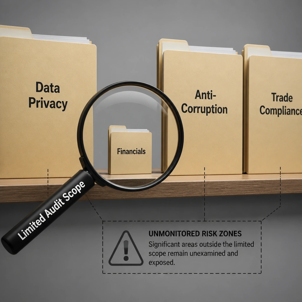 This image should show a magnifying glass focusing on a small folder labeled "Financials" while completely ignoring adjacent, larger folders labeled "Data Privacy," "Anti-Corruption," and "Trade Compliance." The magnifying glass should be labeled "Limited Audit Scope," visually demonstrating how narrowing the scope creates unmonitored risk zones.