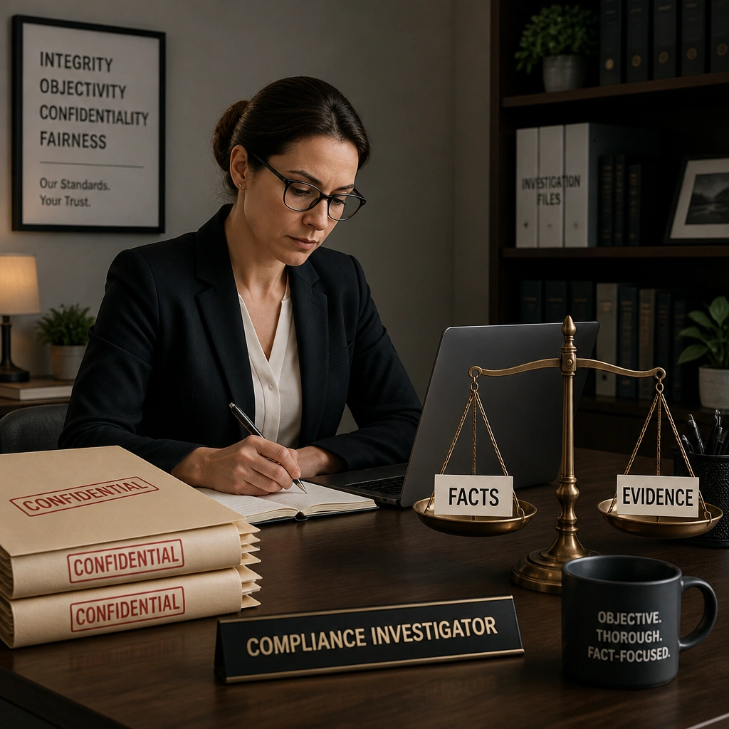 This image should show a compliance investigator working at a desk with folders marked "Confidential" and a scale of justice balancing "Facts" and "Evidence," representing the objective, quiet, and fact-focused nature of a professional internal investigation.