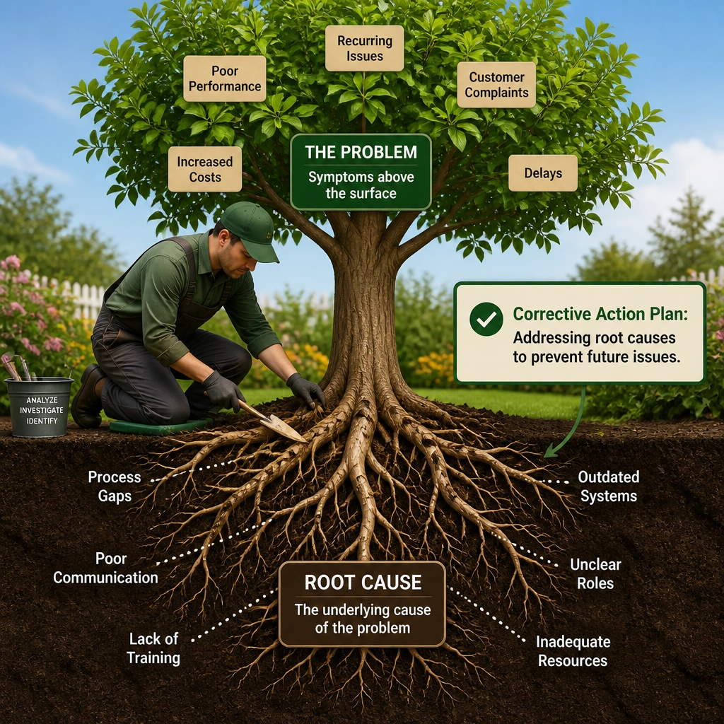 This image should show a root cause analysis process. It should depict a tree where the roots represent the "Root Cause" of a problem, and a gardener is addressing the roots to heal the tree, with a label indicating "Corrective Action Plan: Addressing root causes to prevent future issues."