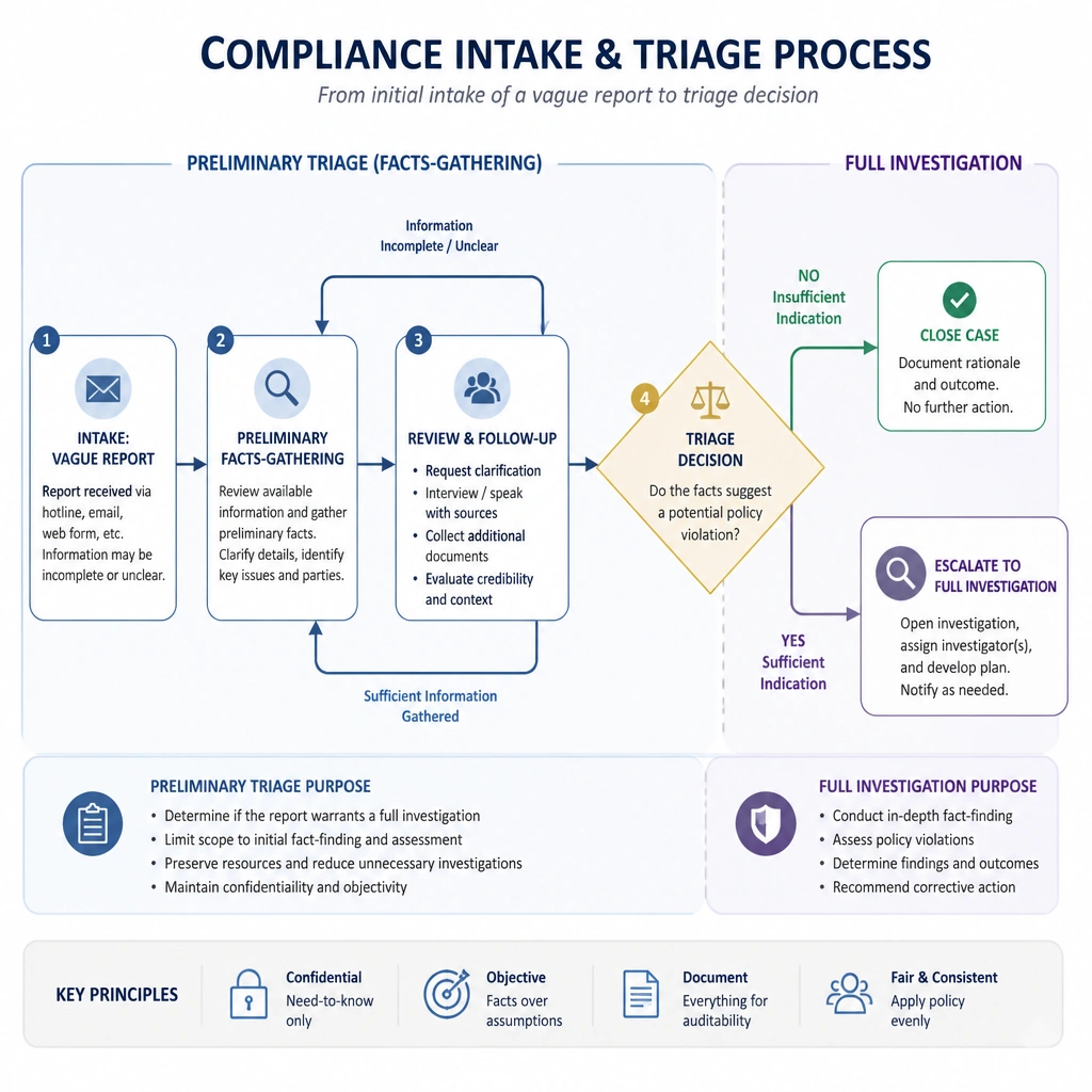 A workflow diagram illustrating the compliance intake and triage process, highlighting the initial intake of a vague report, followed by a preliminary facts-gathering review loop, leading to a decision point (either close case or escalate to full investigation), emphasizing the separation of preliminary triage and full investigation.