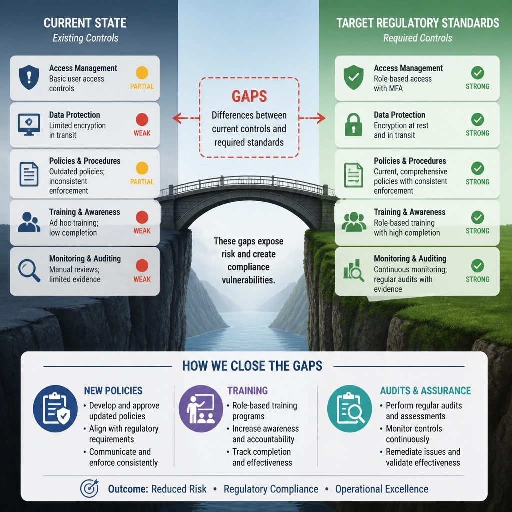 A split-screen diagram showing "Current State" controls on one side and "Target Regulatory Standards" on the other, with a bridge highlighting the "Gaps" that need to be filled with new policies, training, or audits.