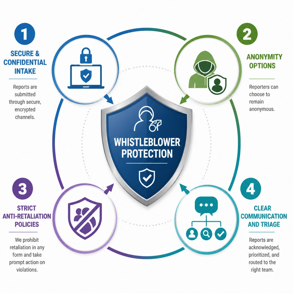 A diagram illustrating the key pillars of whistleblower protection, including: 1) Secure & Confidential Intake, 2) Anonymity Options, 3) Strict Anti-Retaliation Policies, and 4) Clear Communication and Triage, all reinforcing a central shield icon representing "Whistleblower Protection."