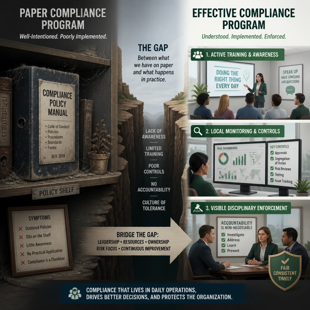 An illustration depicting the transition from a 'Paper Compliance Program' (represented by a dusty policy binder on a shelf) to an 'Effective Compliance Program' (represented by active training sessions, local monitoring controls, and visible disciplinary enforcement). The image should highlight the gap between policy design and operational reality.
