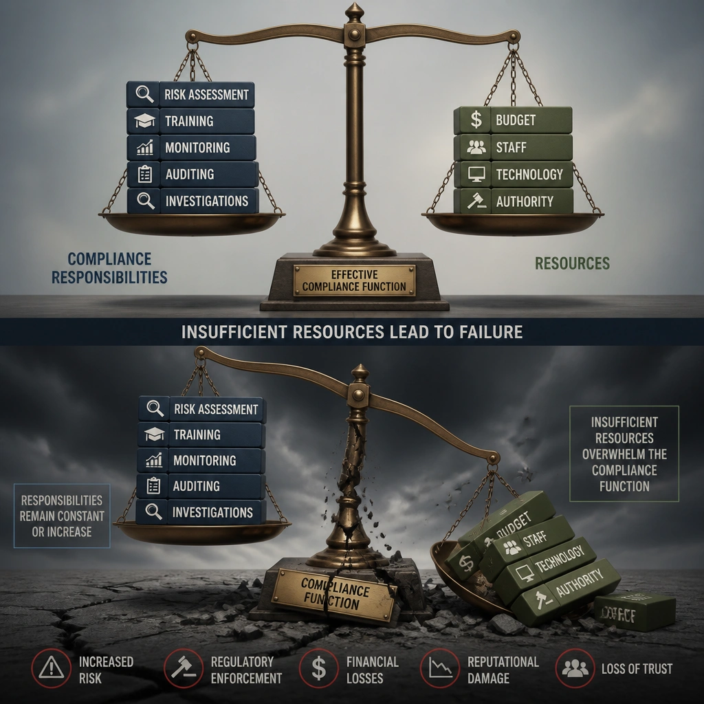 A balance scale showing compliance responsibilities on one side (Risk Assessment, Training, Monitoring, Auditing, Investigations) balanced against resources on the other side (Budget, Staff, Technology, Authority). The image represents how insufficient resources lead to a collapsing or ineffective compliance function.