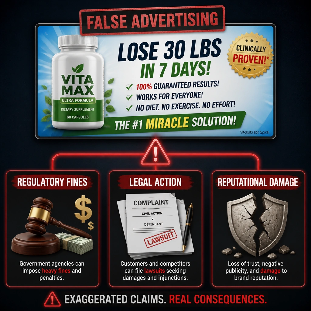A visual highlighting the risks of false advertising: an advertisement showing exaggerated claims, connected via red danger lines to three main consequences: Regulatory Fines (represented by a gavel and money symbols), Legal Action (represented by court documents), and Reputational Damage (represented by a broken shield or cracked logo).