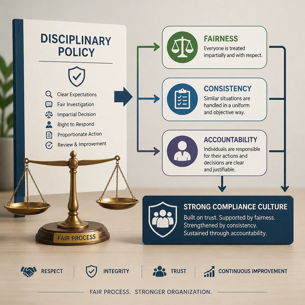 A conceptual illustration representing a fair disciplinary process, featuring a balanced scale of justice next to a document labeled 'Disciplinary Policy'. Arrows point from the policy to 'Fairness', 'Consistency', and 'Accountability', showing how these three elements support a strong compliance culture.