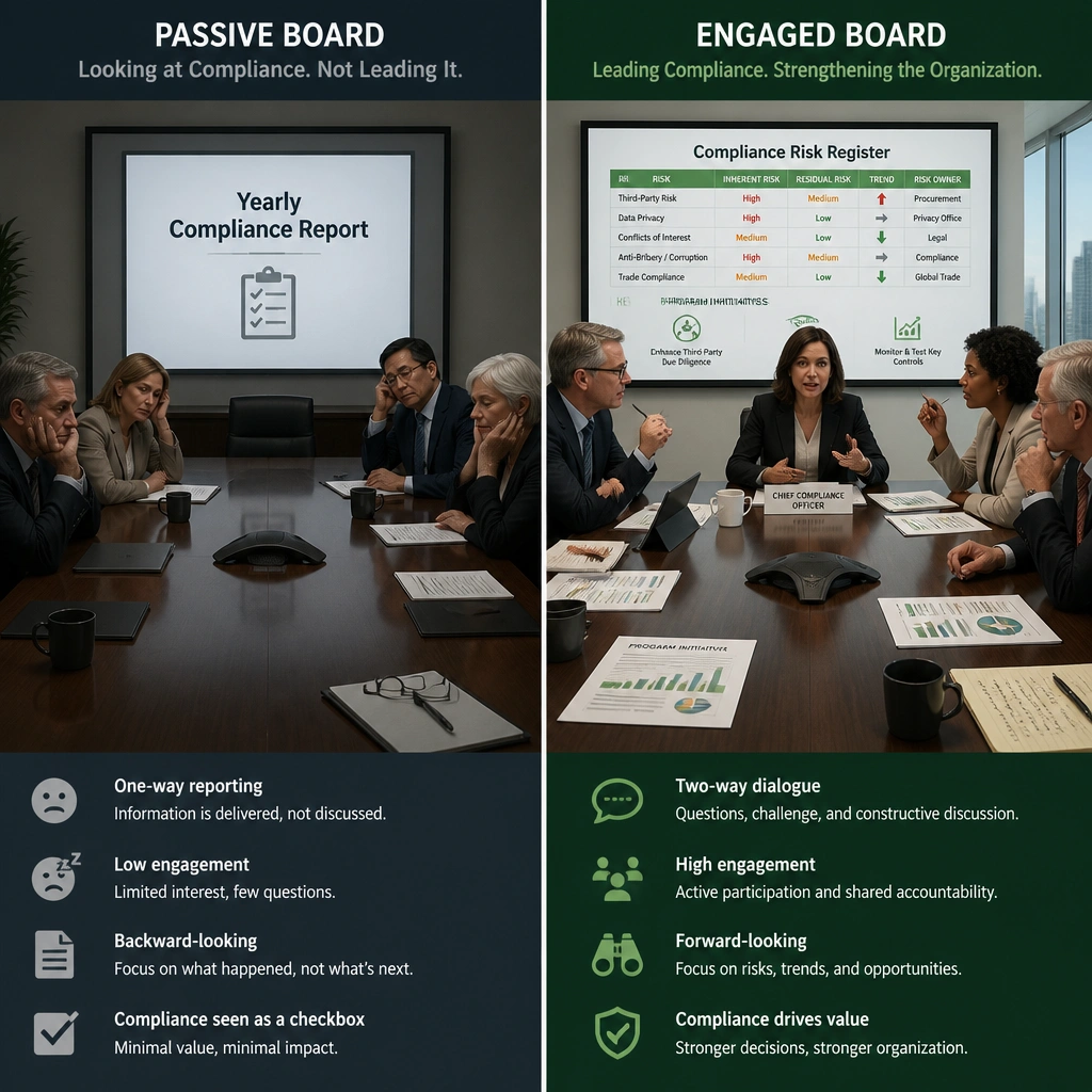 A split-screen illustration showing two boardrooms. One boardroom depicts a passive board looking at a slide labeled 'Yearly Compliance Report' with disinterest. The other boardroom shows an engaged board actively discussing a 'Compliance Risk Register' with the Chief Compliance Officer, asking questions and reviewing program initiatives.
