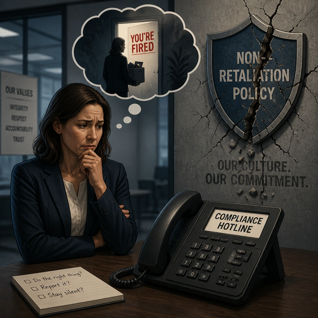 A graphic showing a whistleblower looking at a hotline telephone with hesitation, with a thought bubble depicting fear of getting fired. The phone is labeled 'Compliance Hotline', and a shield representing 'Non-Retaliation Policy' is cracked, symbolizing a breakdown in the ethical culture.