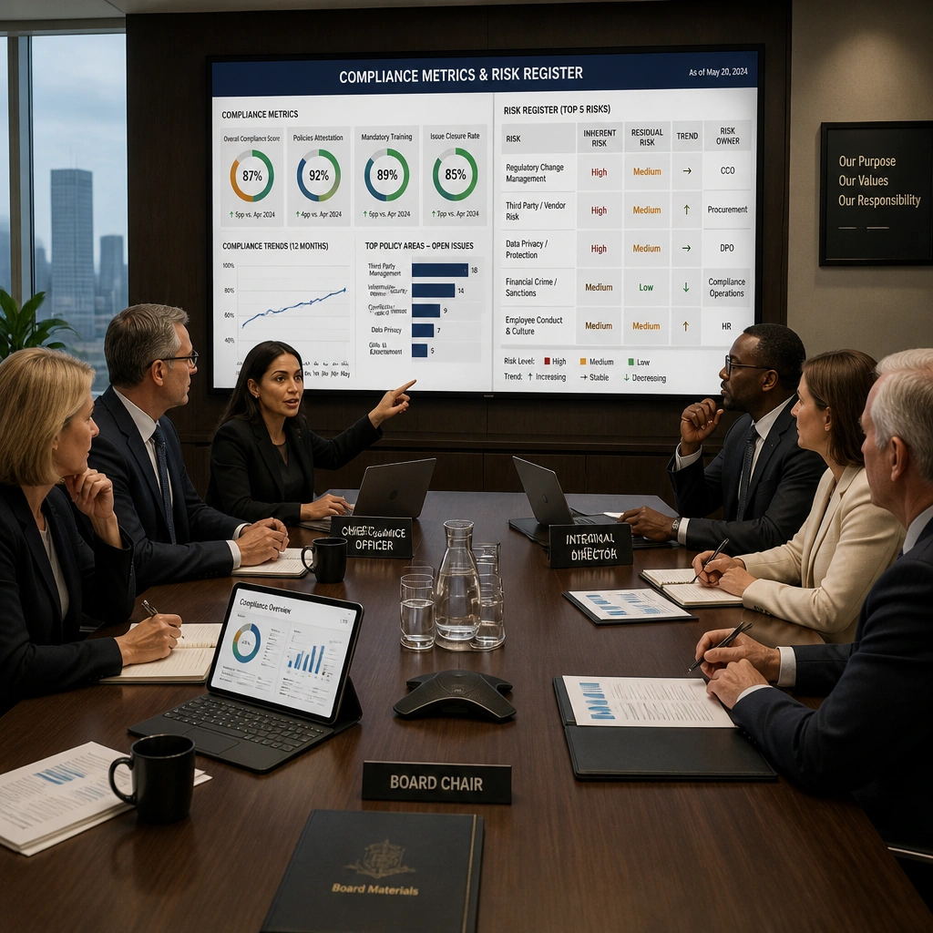 A board room meeting where board members are actively reviewing a dashboard labeled 'Compliance Metrics & Risk Register' alongside the Chief Compliance Officer and the Internal Audit Director, showing collaborative, high-level governance.