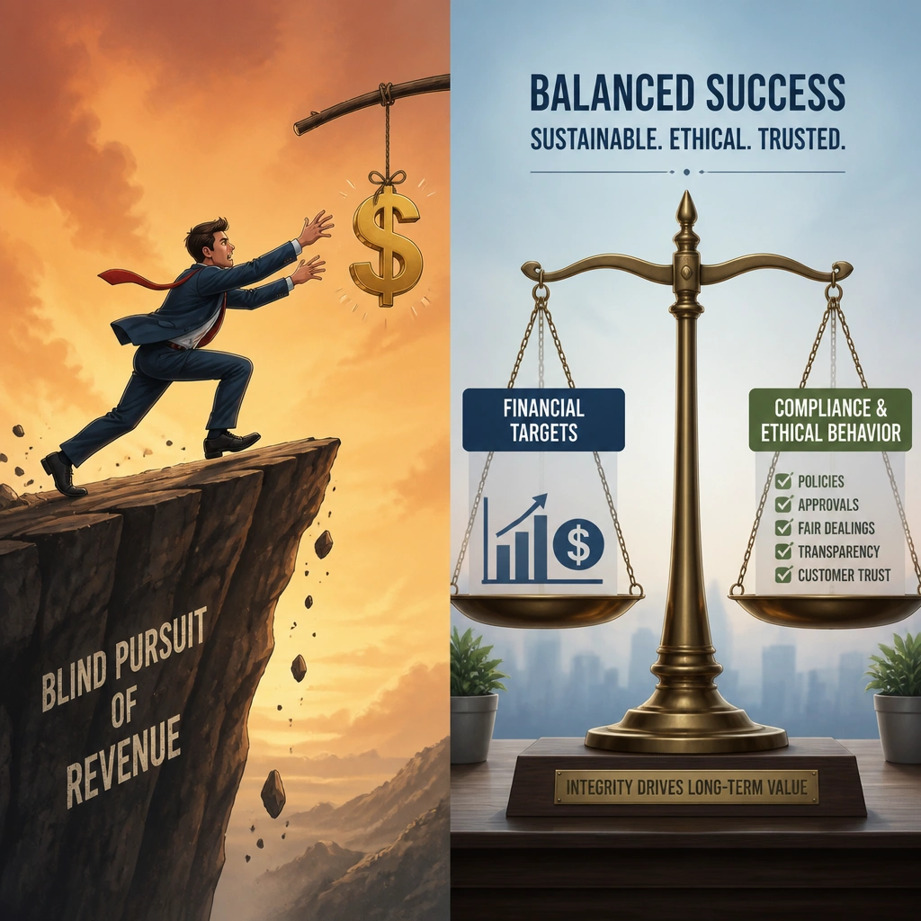 A split illustration: one side shows a sales representative chasing a dangling dollar sign off a cliff (representing blind pursuit of revenue), while the other side shows a balanced scale weighing financial targets on one side and compliance checkpoints/ethical behavior on the other.