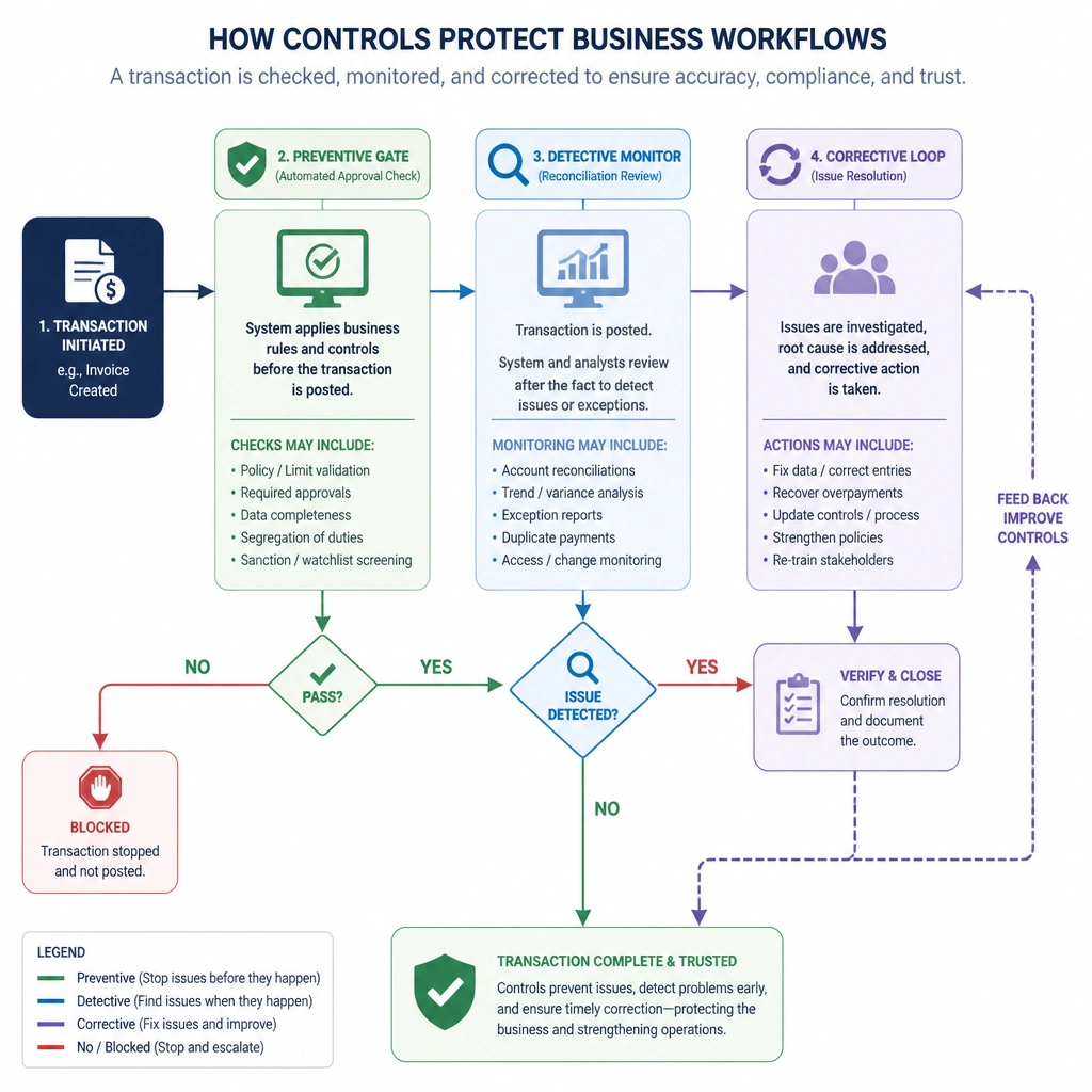 A flowchart showing a transaction passing through a preventive gate (automated approval check), a detective monitor (reconciliation review), and a corrective loop (issue resolution), illustrating how controls systematically protect business workflows.