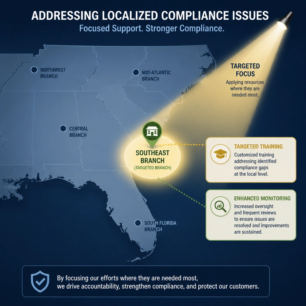 A map highlighting a single regional branch office with a spotlight on it. The spotlight represents 'Targeted Training' and 'Enhanced Monitoring' being applied to correct localized compliance issues.