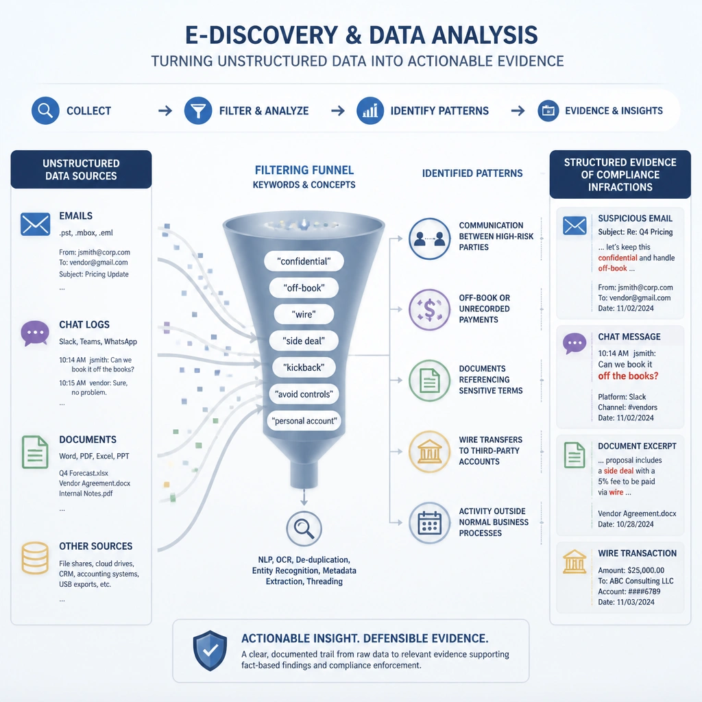 An illustration of the e-discovery and data analysis phase of an internal investigation. It should show unstructured data sources (emails, chat logs, documents) feeding into a filtering funnel containing keywords (e.g., 'confidential', 'off-book', 'wire') and outgoing patterns, resulting in structured evidence of compliance infractions.