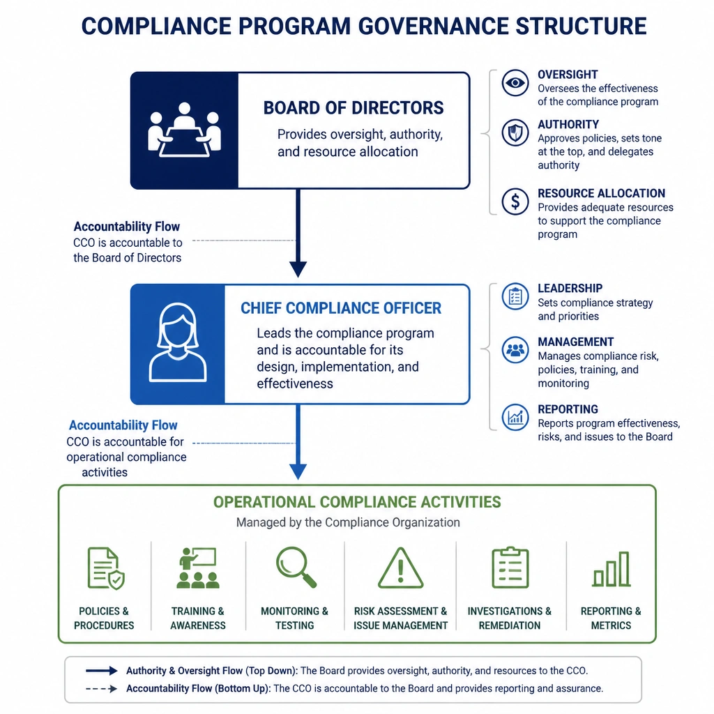 A diagram illustrating the governance structure of a compliance program. The Board of Directors sits at the top, providing oversight, authority, and resource allocation to the Chief Compliance Officer, who in turn manages the operational compliance activities, showing the flow of accountability.