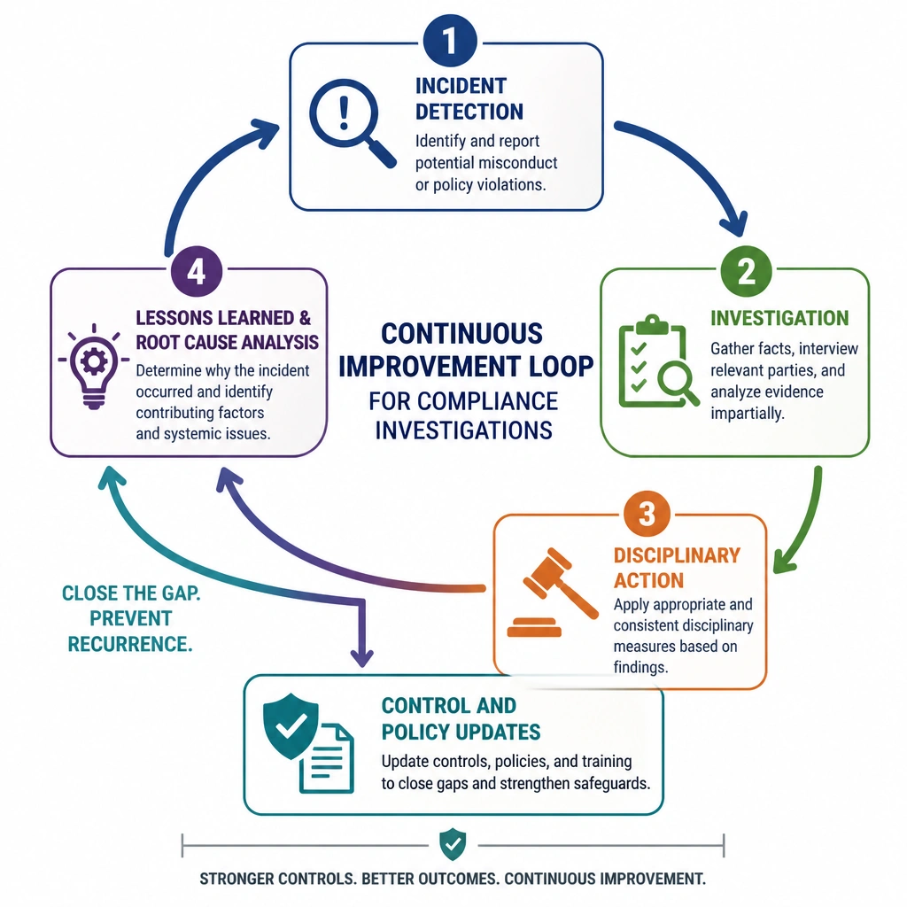 A diagram depicting a continuous improvement loop for compliance investigations. The phases are: 1. Incident Detection, 2. Investigation, 3. Disciplinary Action, and 4. Lessons Learned & Root Cause Analysis, which feeds back into 'Control and Policy Updates' to close the gap and prevent recurrence.