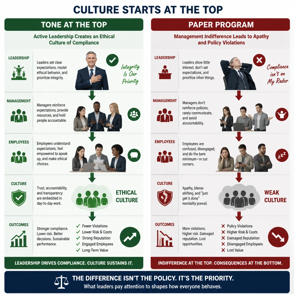 A contrast diagram comparing 'Tone at the Top' where active leadership support cascades down to build an ethical culture of compliance, versus a 'Paper Program' where management indifference leads to employee apathy and policy violations.