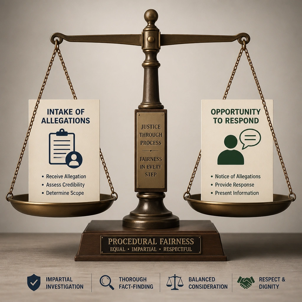 A balance scale representing justice and procedural fairness in compliance investigations, showing equal weight given to the intake of allegations on one side and the accused employee's opportunity to respond on the other.