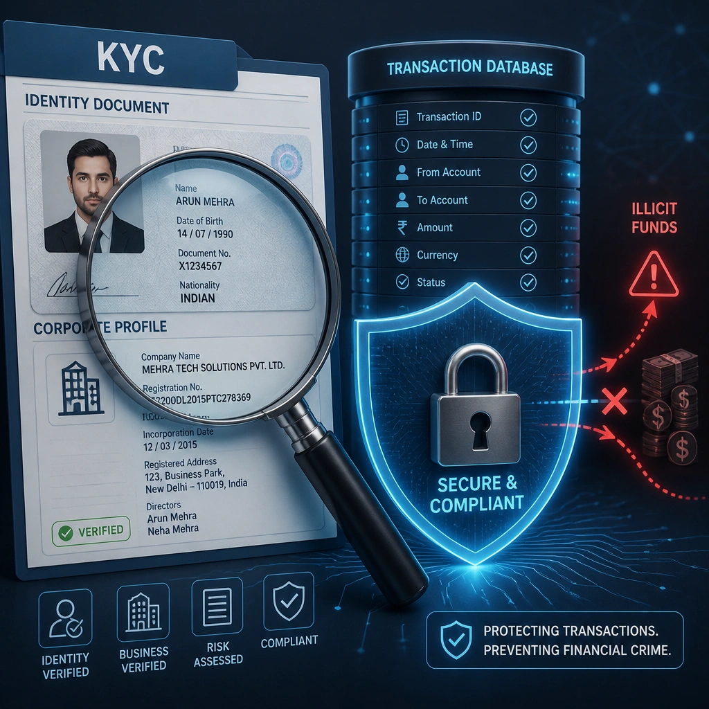 A magnifying glass inspecting an identity document and corporate profile (labeled KYC), alongside a digital lock shielding a transaction database from illicit funds.