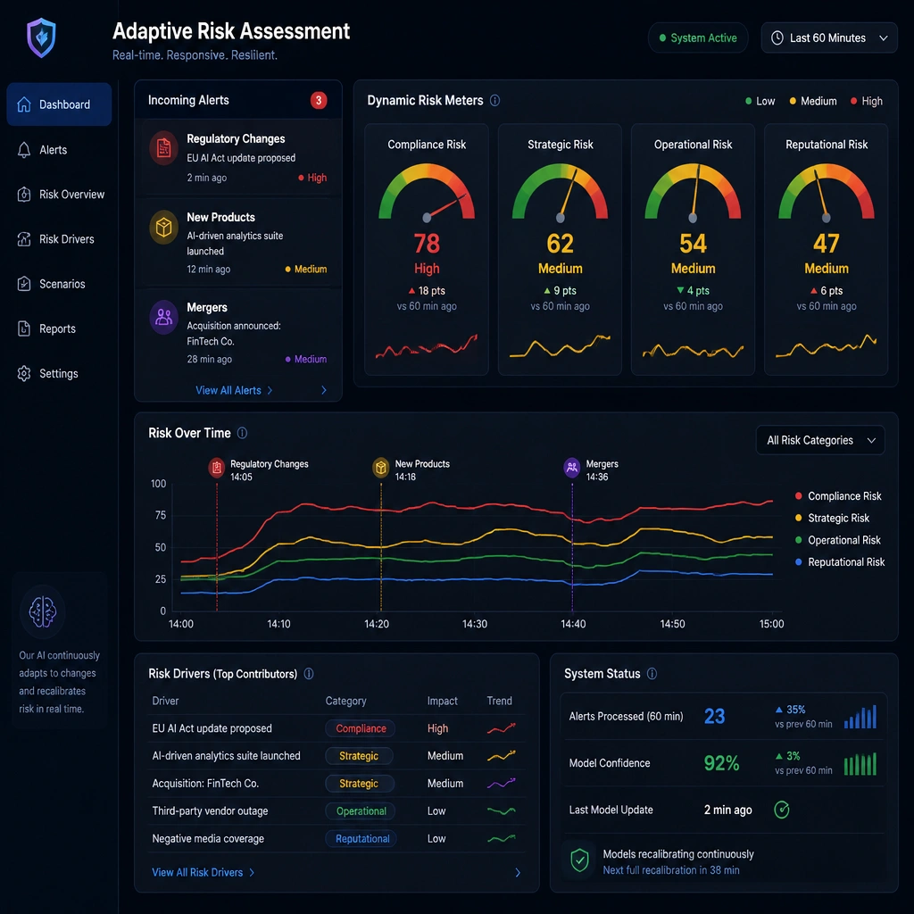 A dashboard showing dynamic risk meters fluctuating over time in response to incoming alerts (labeled Regulatory Changes, New Products, Mergers), illustrating an adaptive risk assessment system.