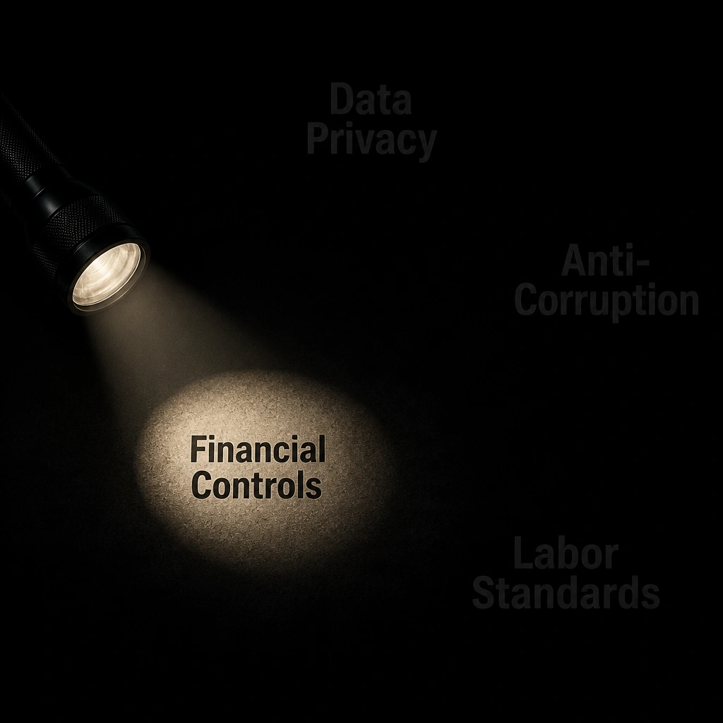 A flashlight illuminating a small area labeled 'Financial Controls' while leaving large dark areas labeled 'Data Privacy,' 'Anti-Corruption,' and 'Labor Standards' completely in the dark.